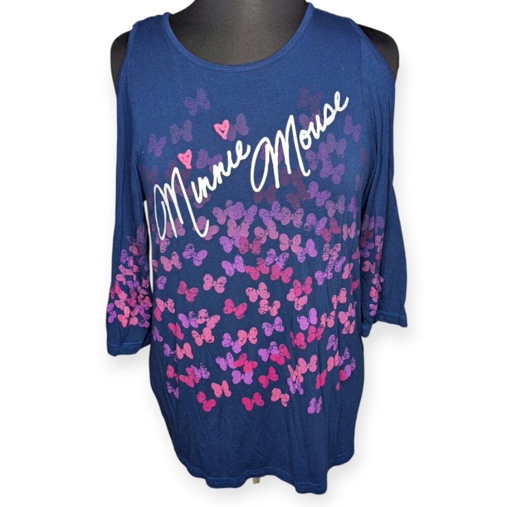 Disney Parks Navy Blue Pink Butterflies Minnie Mouse Cold Shoulder Top Size SM